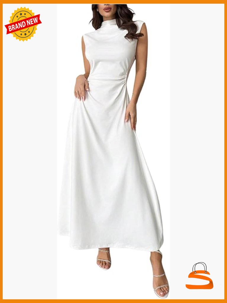 Mock Neck Ruched Maxi Dress Cinched Waist Sleeveless Formal
